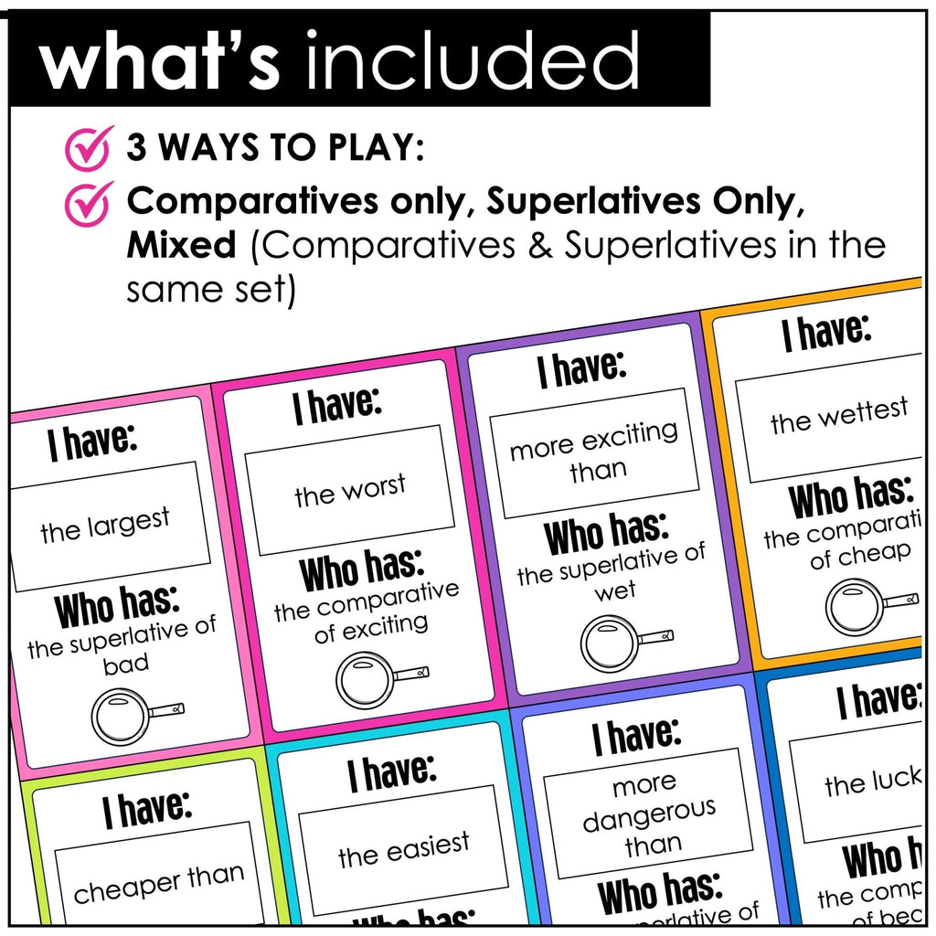 Comparative and Superlative Adjectives: I have, Who Has? Card Game - Hot Chocolate Teachables