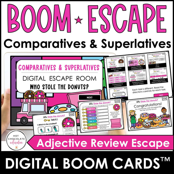 Comparative & Superlative Adjective Review Activity - Digital Escape Boom Cards™ - Hot Chocolate Teachables