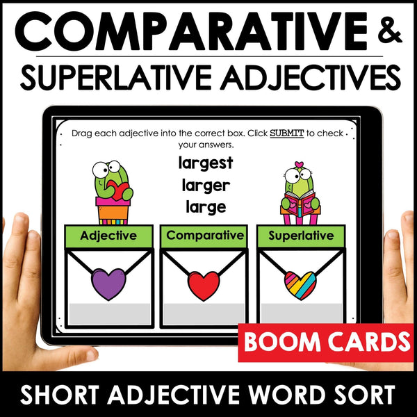 Comparative & Superlative | BOOM CARDS | Short Adjectives Word Sort - Hot Chocolate Teachables