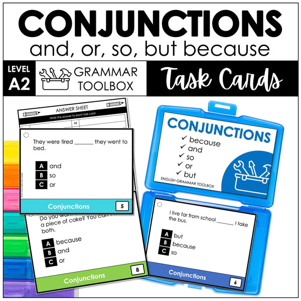 Conjunctions Task Cards | and, or, so, but, because | Parts of Speech Task Cards - Hot Chocolate Teachables