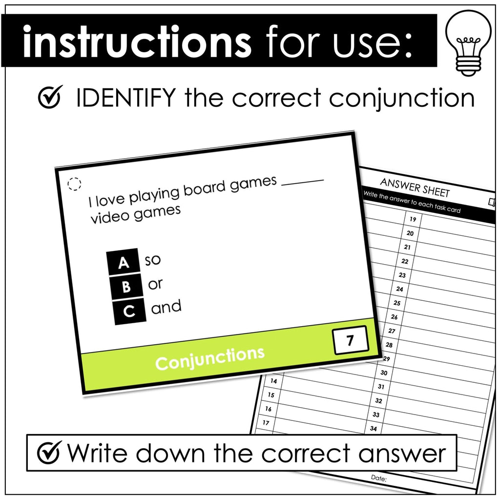 Conjunctions Task Cards | and, or, so, but, because | Parts of Speech Task Cards - Hot Chocolate Teachables