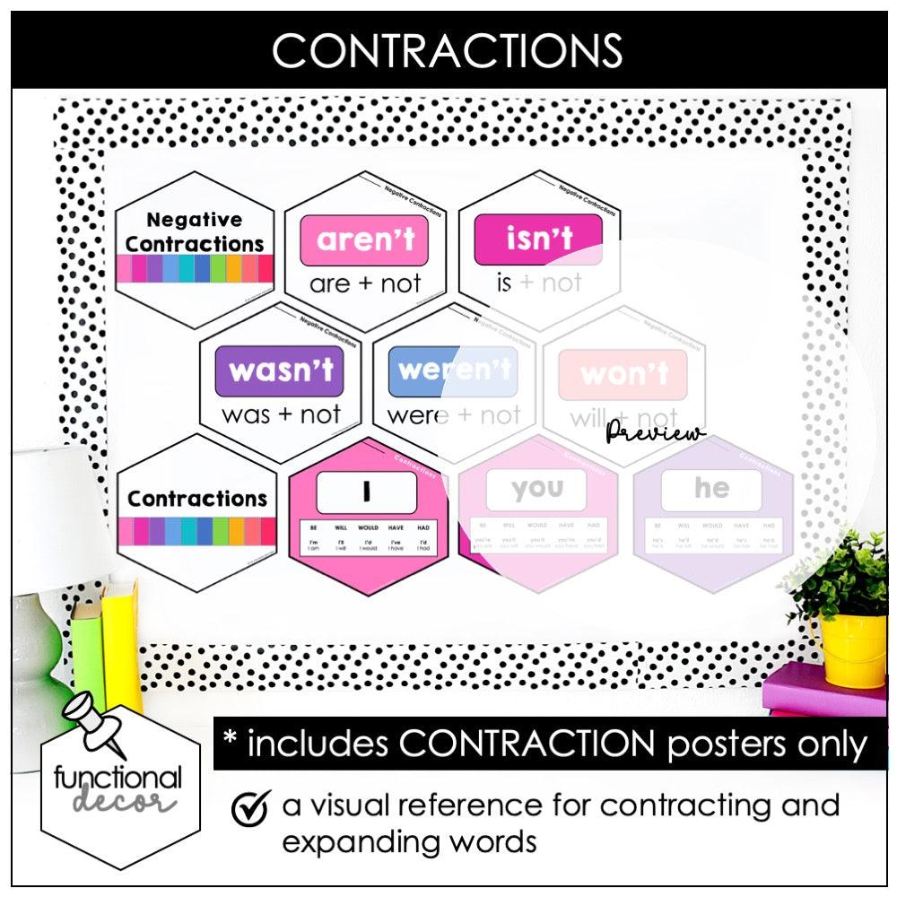 Contractions Posters | Contracted Words Bulletin Board Display - Hot Chocolate Teachables