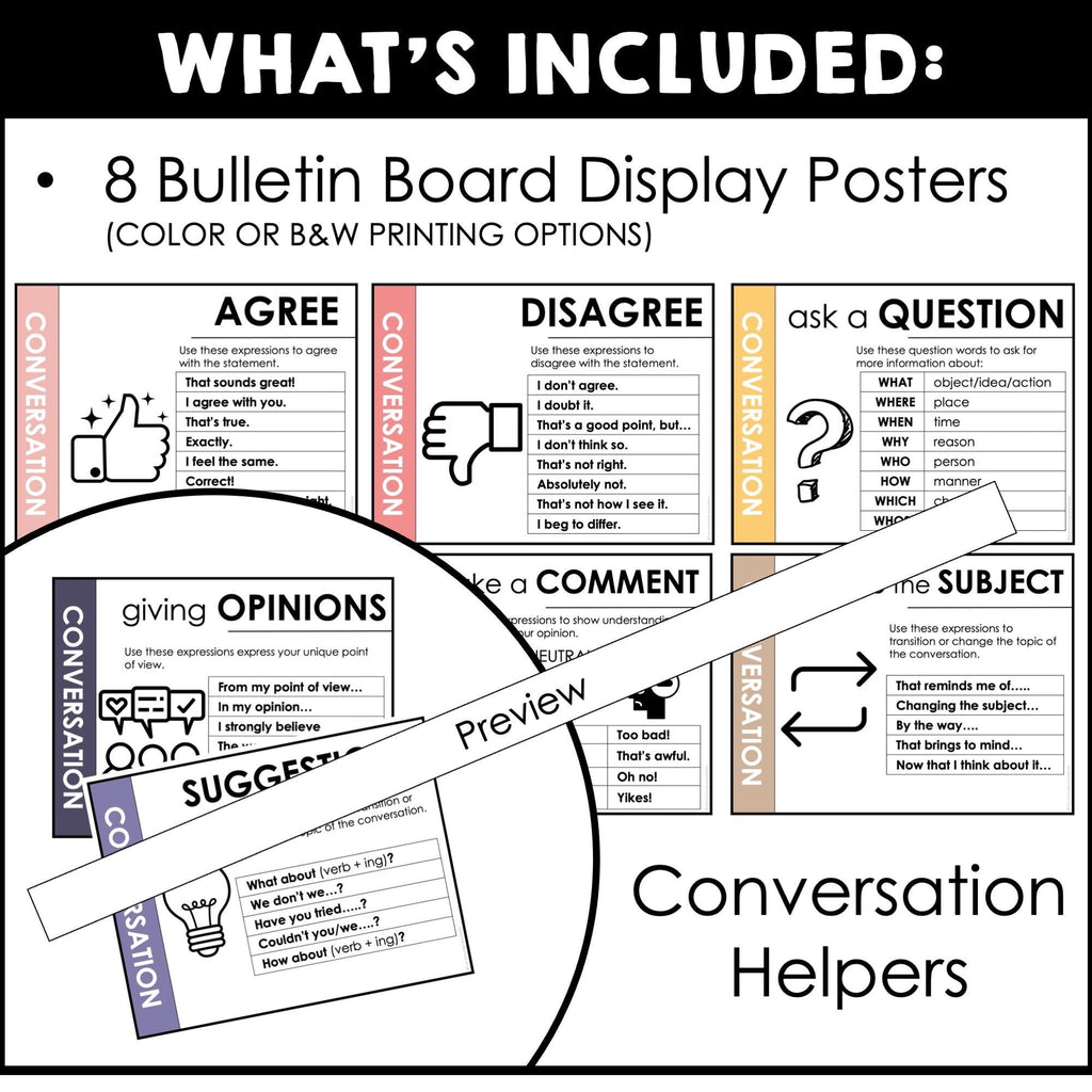 Conversation Helpers - Functional Speech Bulletin Board Posters for ELL EFL ESL - Hot Chocolate Teachables