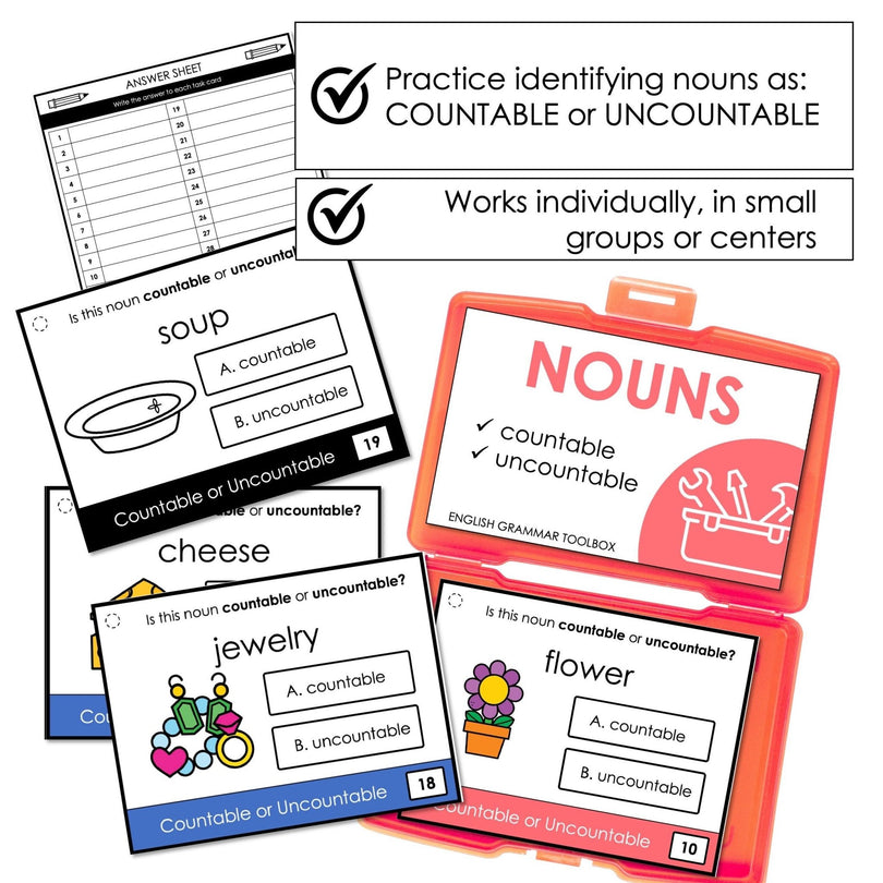 Countable & Uncountable Task Cards - Count Noncount Activity