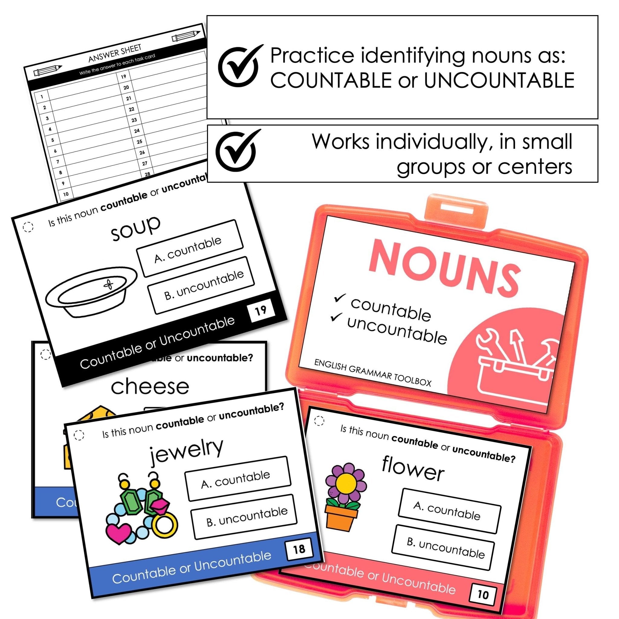 Countable & Uncountable Task Cards Count Noncount Activity Hot