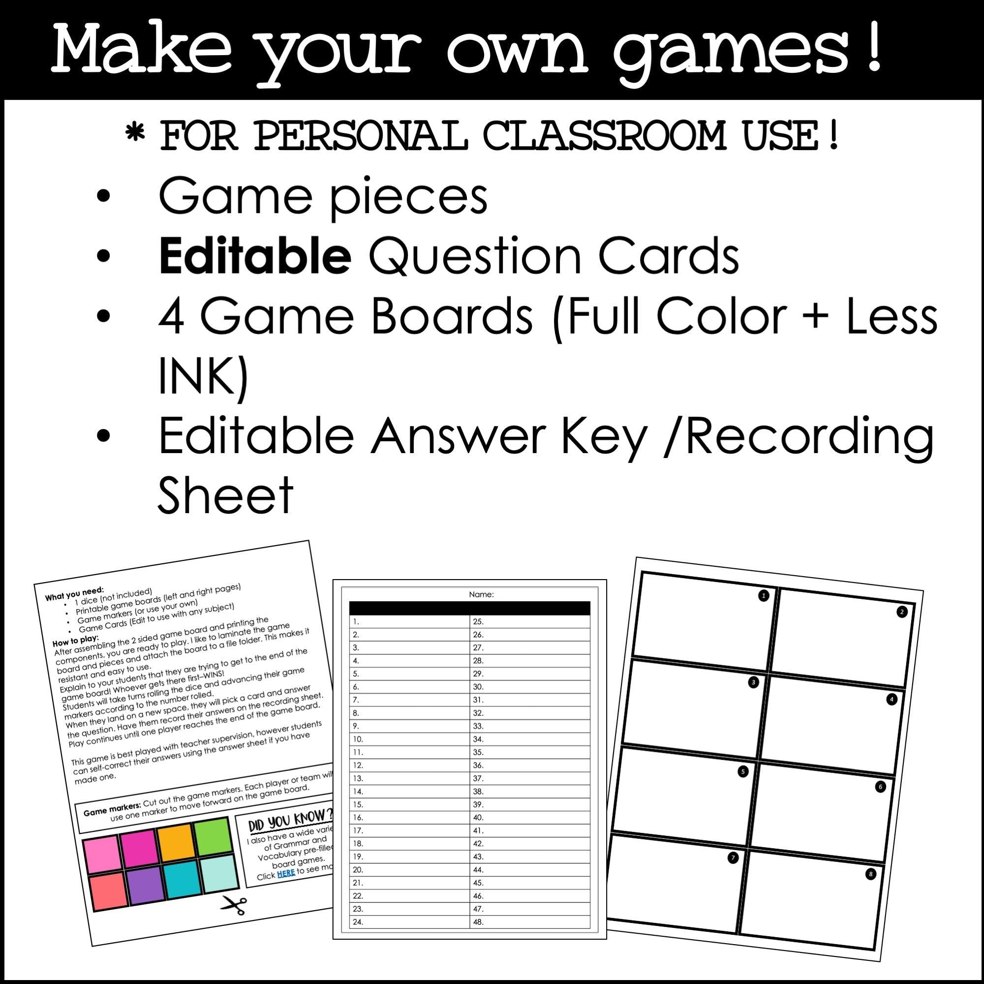 Create Editable Board Games for any subject | Templates with Editable Game Cards - Rainbow - Hot Chocolate Teachables