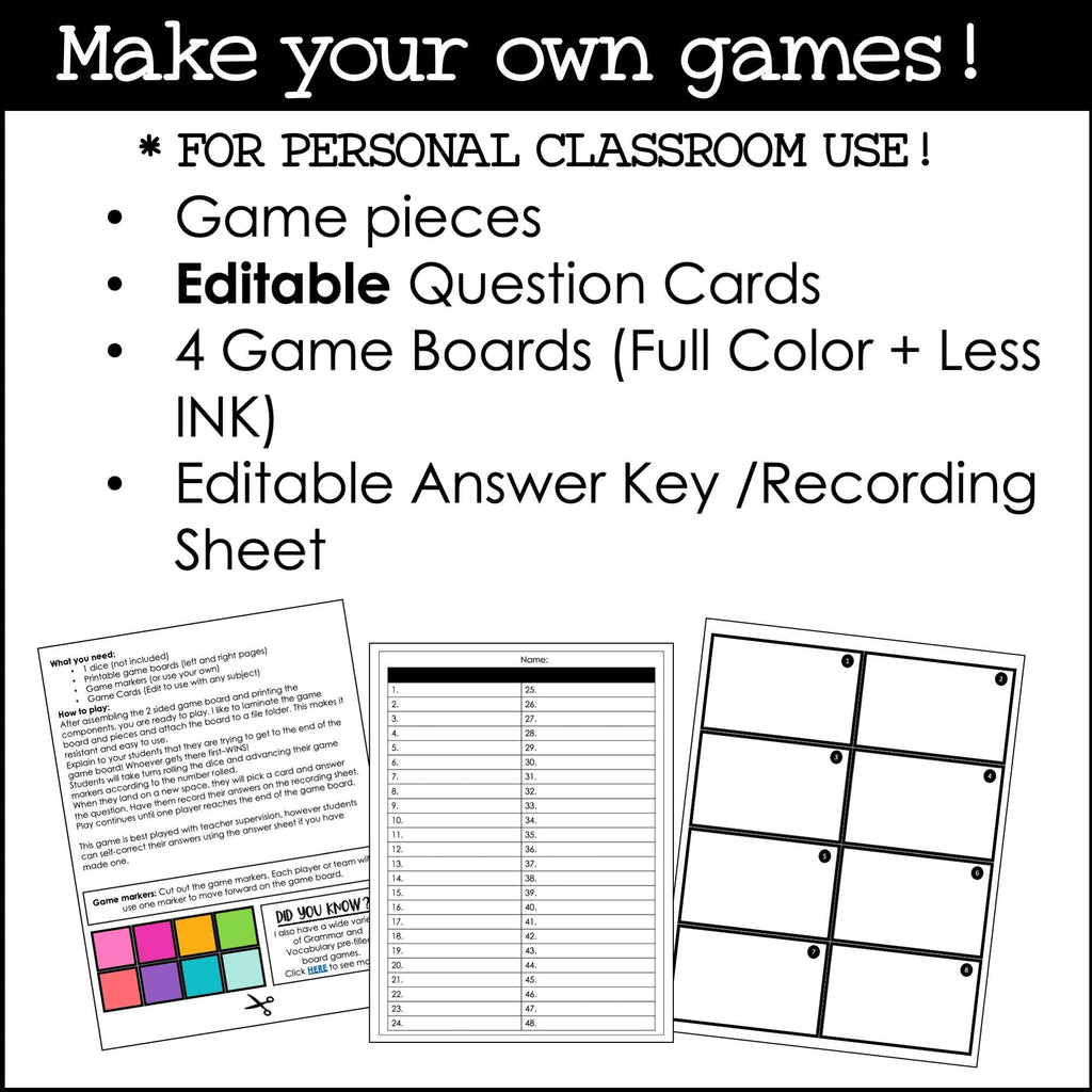 Create Editable Board Games for any subject | Templates with Editable Game Cards - Rainbow - Hot Chocolate Teachables