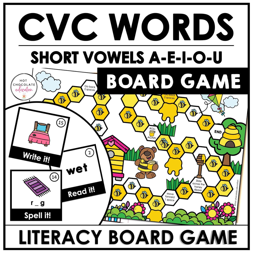 CVC WORD FLUENCY Board Game Kit: Short Vowels A - E - I - O - U - Hot Chocolate Teachables
