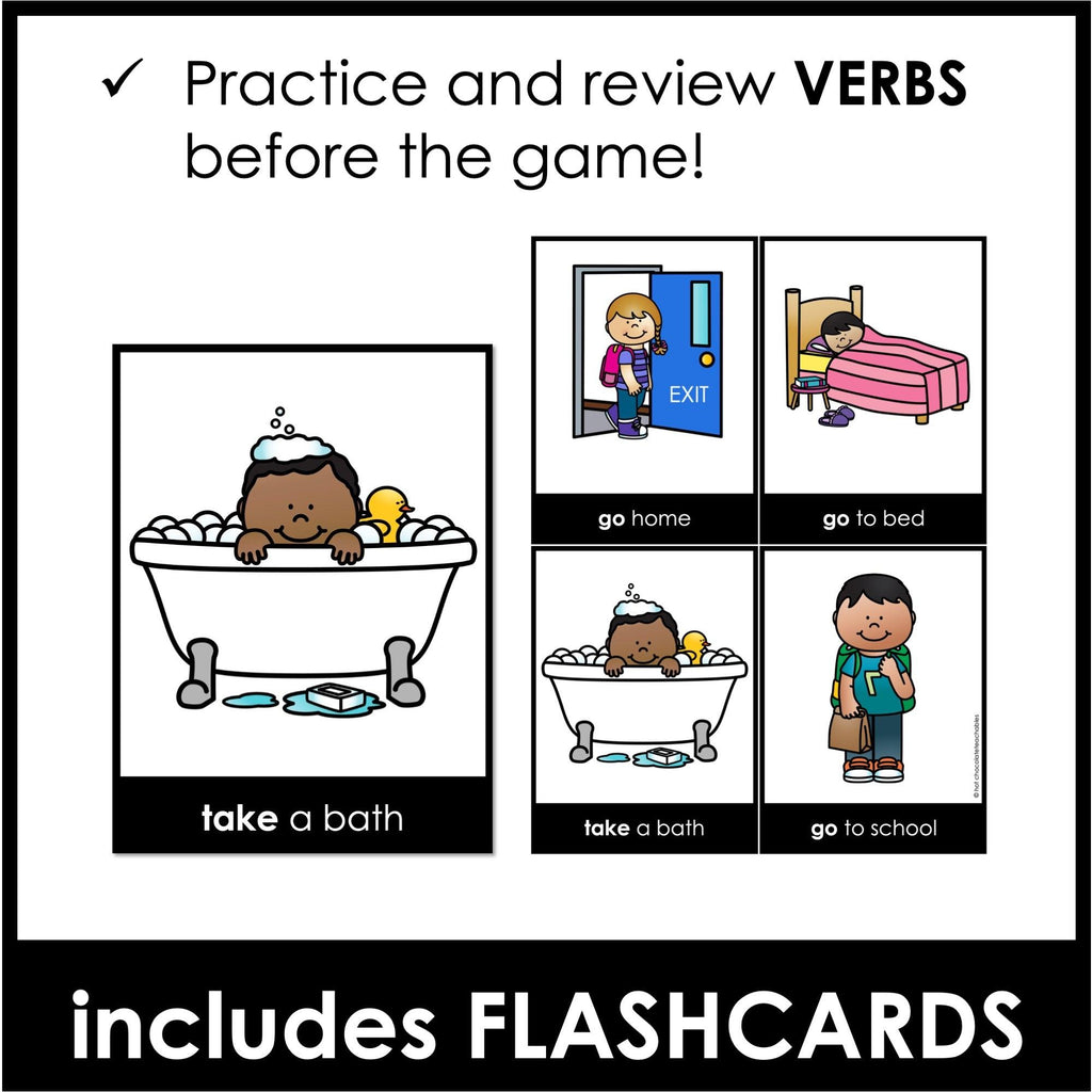 Daily Routine Verb Bingo Game | Home and School Verbs ESL Activity & Flashcards - Hot Chocolate Teachables