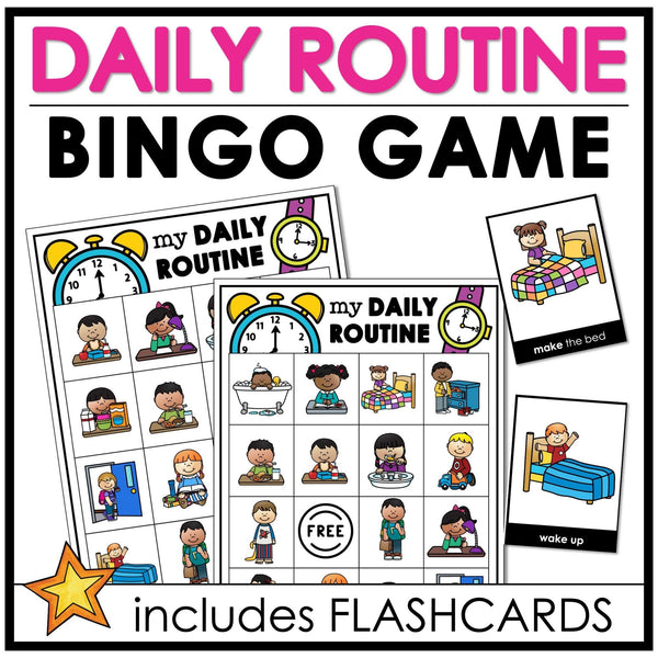 Daily Routine Verb Bingo Game | Home and School Verbs ESL Activity & Flashcards - Hot Chocolate Teachables