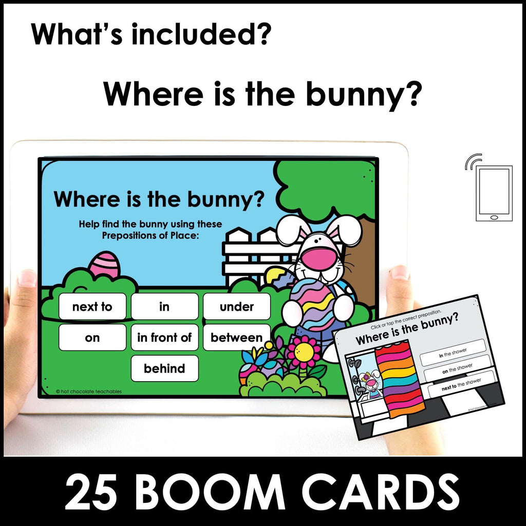 Easter Prepositions of Place / Location Boom Cards™ | in, on, under, next to - Hot Chocolate Teachables