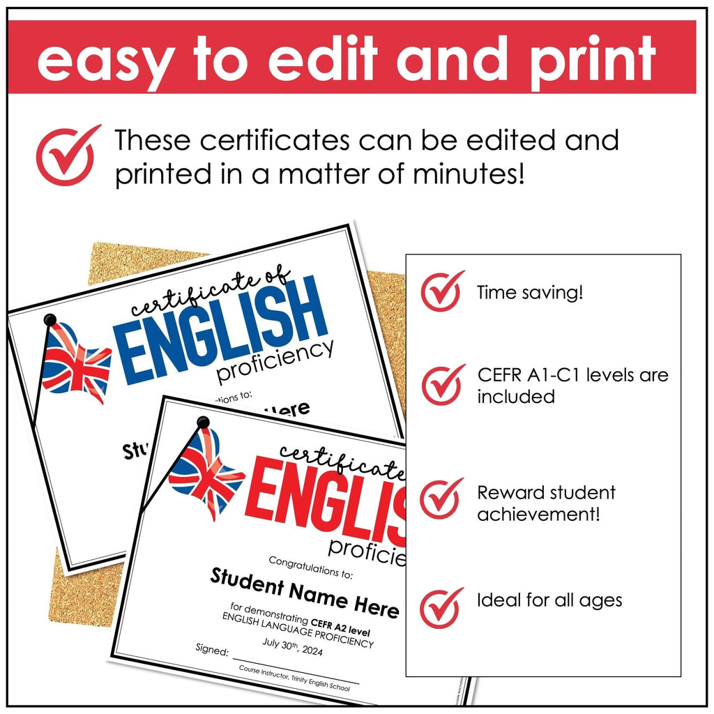 Editable Certificate | ENGLISH CEFR A1-C2 End of the Year Award for Proficiency - Hot Chocolate Teachables