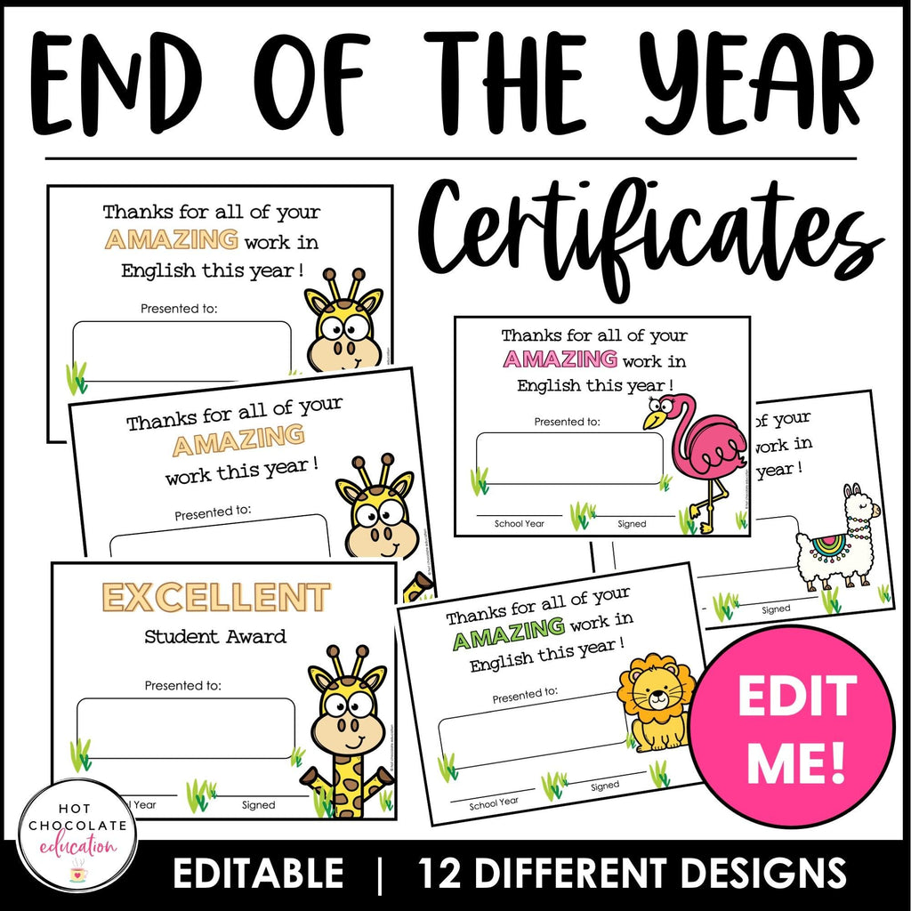 Editable End of Year English Award Certificate - Edit: Name, Year & Signature - Hot Chocolate Teachables