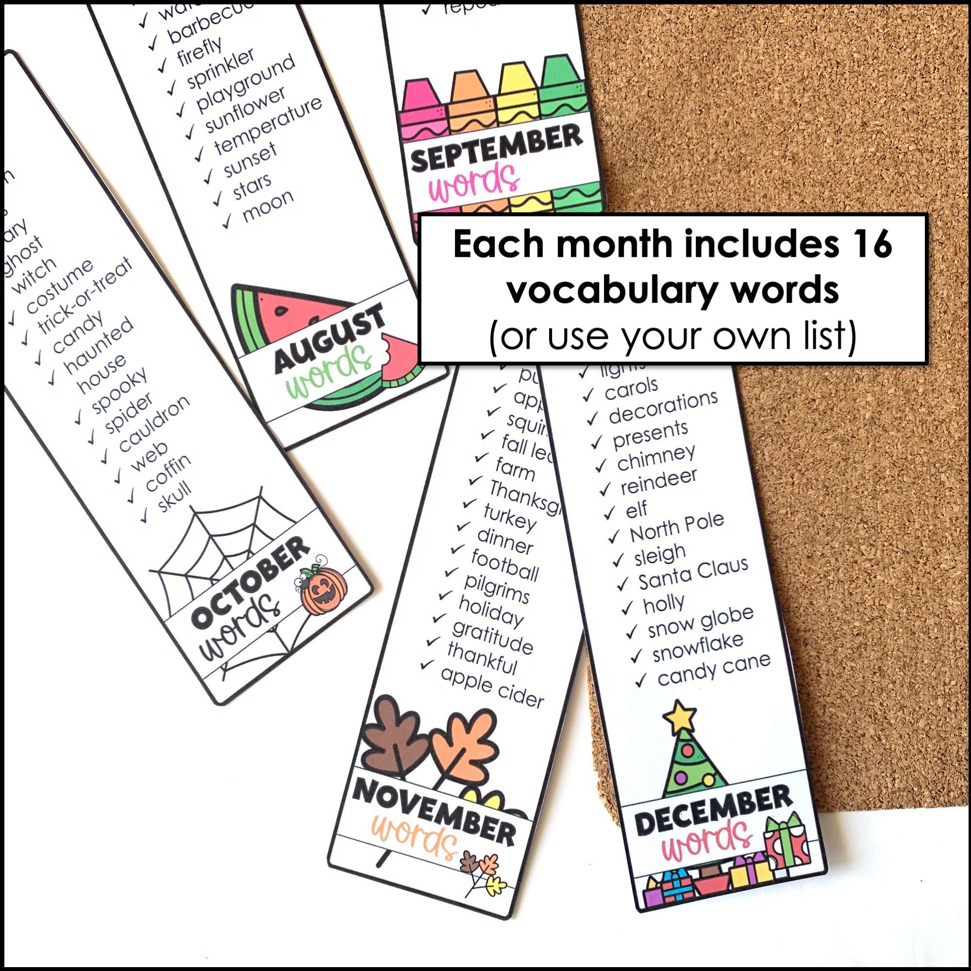 Editable Monthly Vocabulary Bookmarks - Seasonal Word Lists for ELL / ESL / EFL - Hot Chocolate Teachables