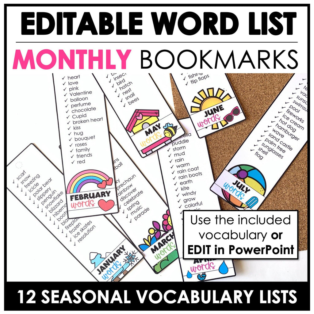 Editable Monthly Vocabulary Bookmarks - Seasonal Word Lists for ELL / ESL / EFL - Hot Chocolate Teachables