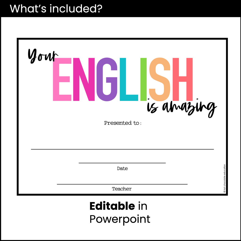 End of Year English Award Certificate Templates - Editable in PowerPoint - Hot Chocolate Teachables
