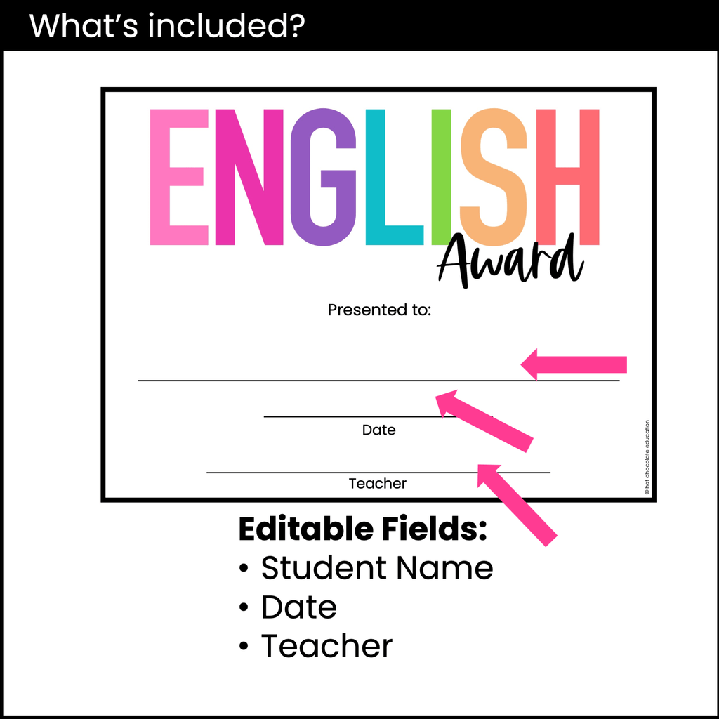 End of Year English Award Certificate Templates - Editable in PowerPoint - Hot Chocolate Teachables