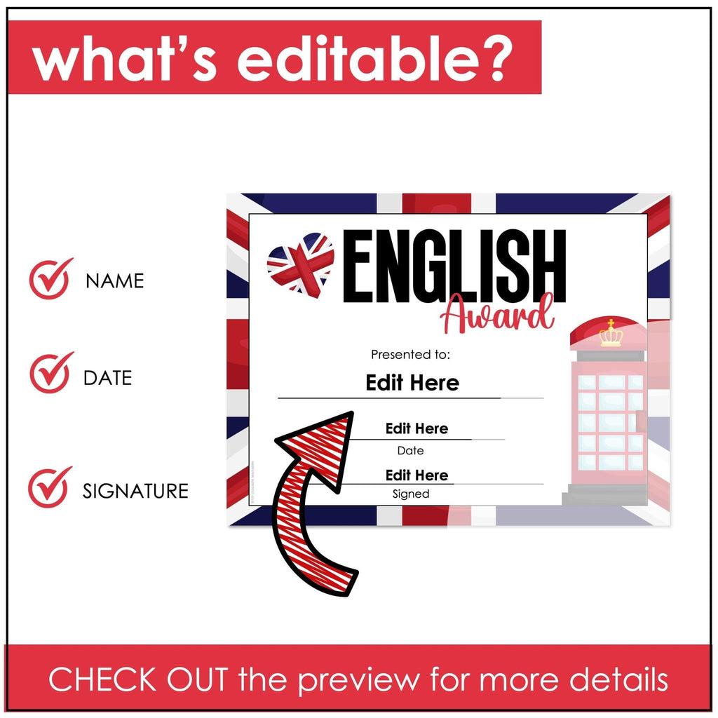 End of Year English Student Award Certificate - Editable Name and Date Fields - Hot Chocolate Teachables