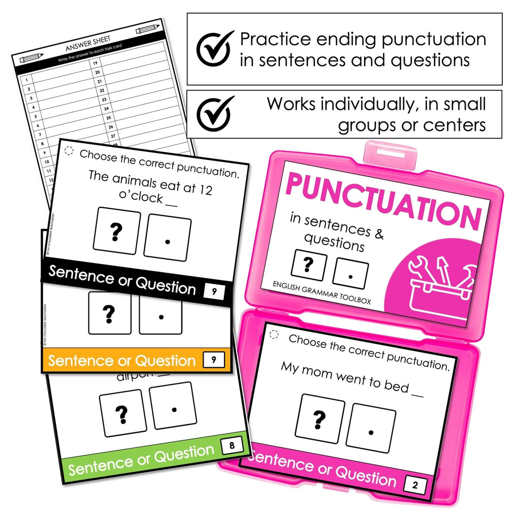 End Punctuation Task Cards - Sentences and Questions - ESL GRAMMAR TOOLBOX - Hot Chocolate Teachables