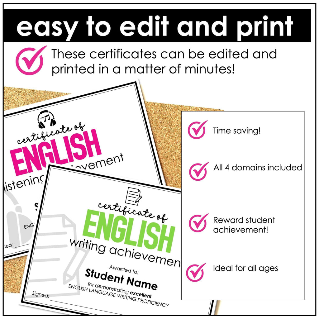 English End of Year Certificates - Speaking, Writing, Listening, Reading | ESL - Hot Chocolate Teachables