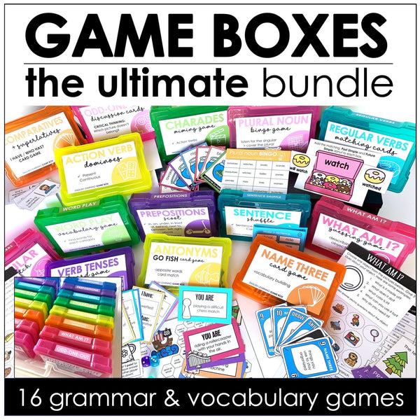 English Games Bundle - Parts of Speech, Verbs, Nouns, Prepositions, Vocabulary - Hot Chocolate Teachables