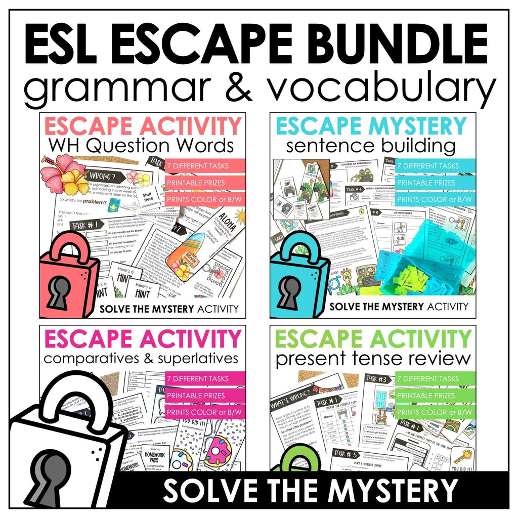 Escape Room Bundle ESL - WH Questions, Present Tense Verbs, Sentence Building - Hot Chocolate Teachables