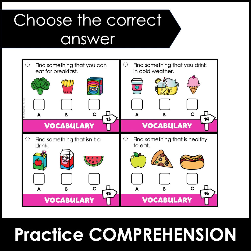 ESL Basic Vocabulary Task Cards: Animals, Food, Clothing, Objects & School - Hot Chocolate Teachables