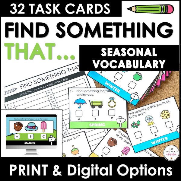 ESL Basic Vocabulary Task Cards: Seasonal Vocabulary Comprehension Activity - Hot Chocolate Teachables