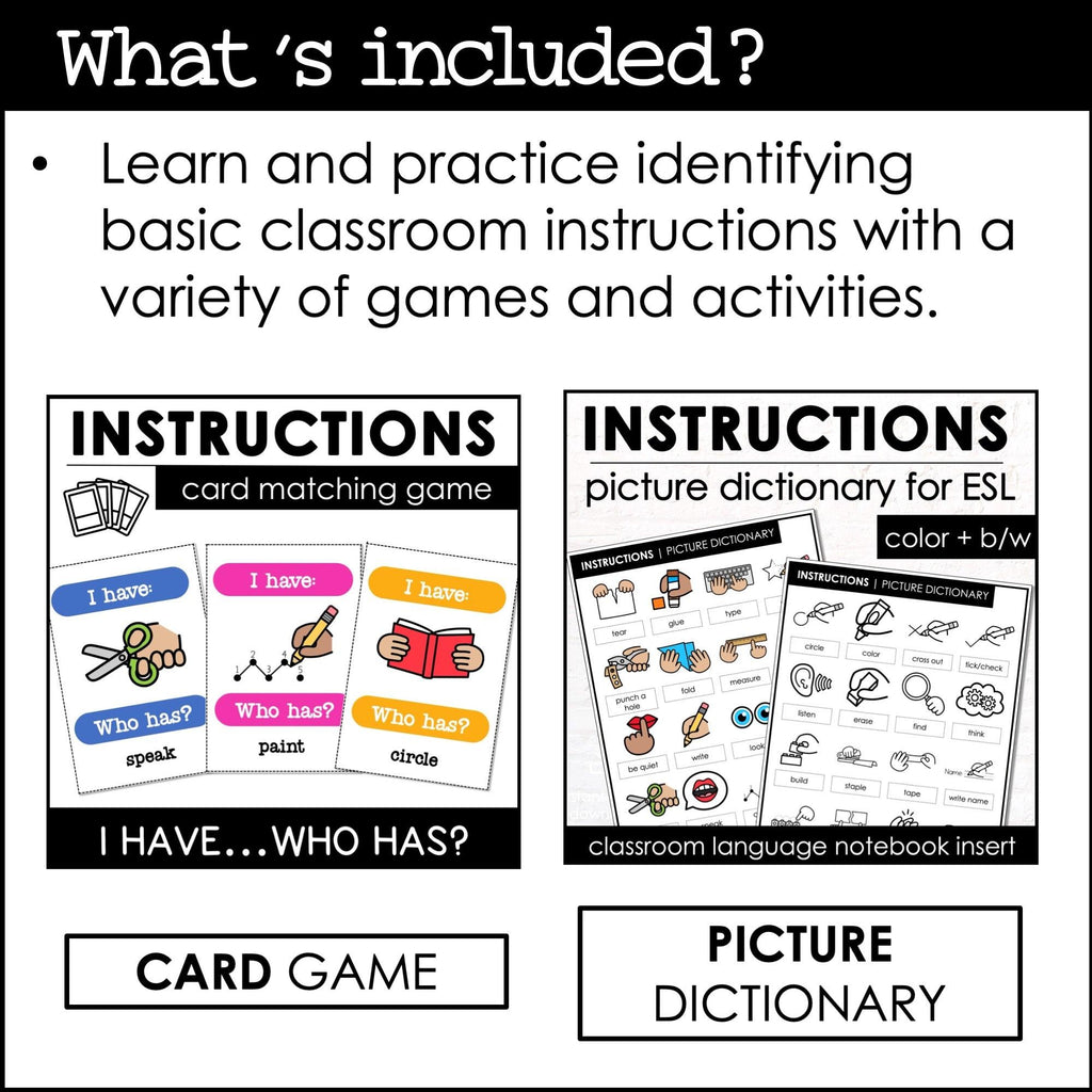 ESL Classroom Instructions Vocabulary Bundle | Word Wall Posters + Games - Hot Chocolate Teachables