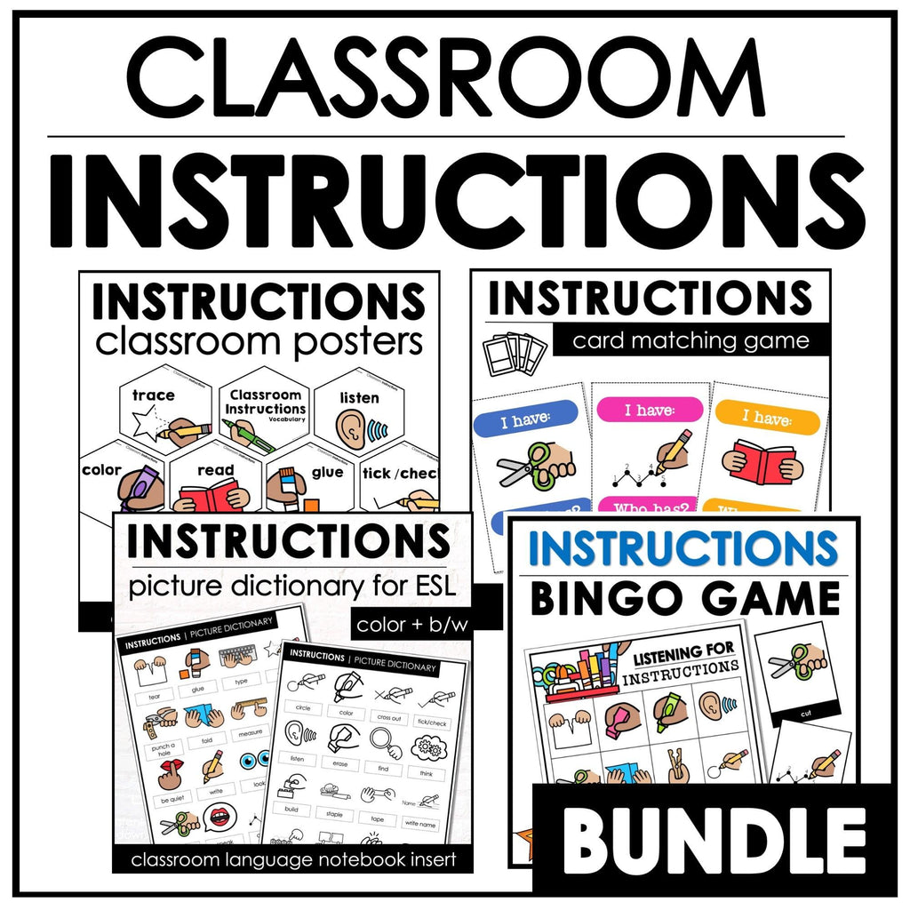 ESL Classroom Instructions Vocabulary Bundle | Word Wall Posters + Games - Hot Chocolate Teachables