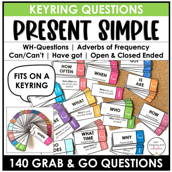 ESL Elementary Question Cards: WH Questions - Present Simple - Present Tenses - Hot Chocolate Teachables