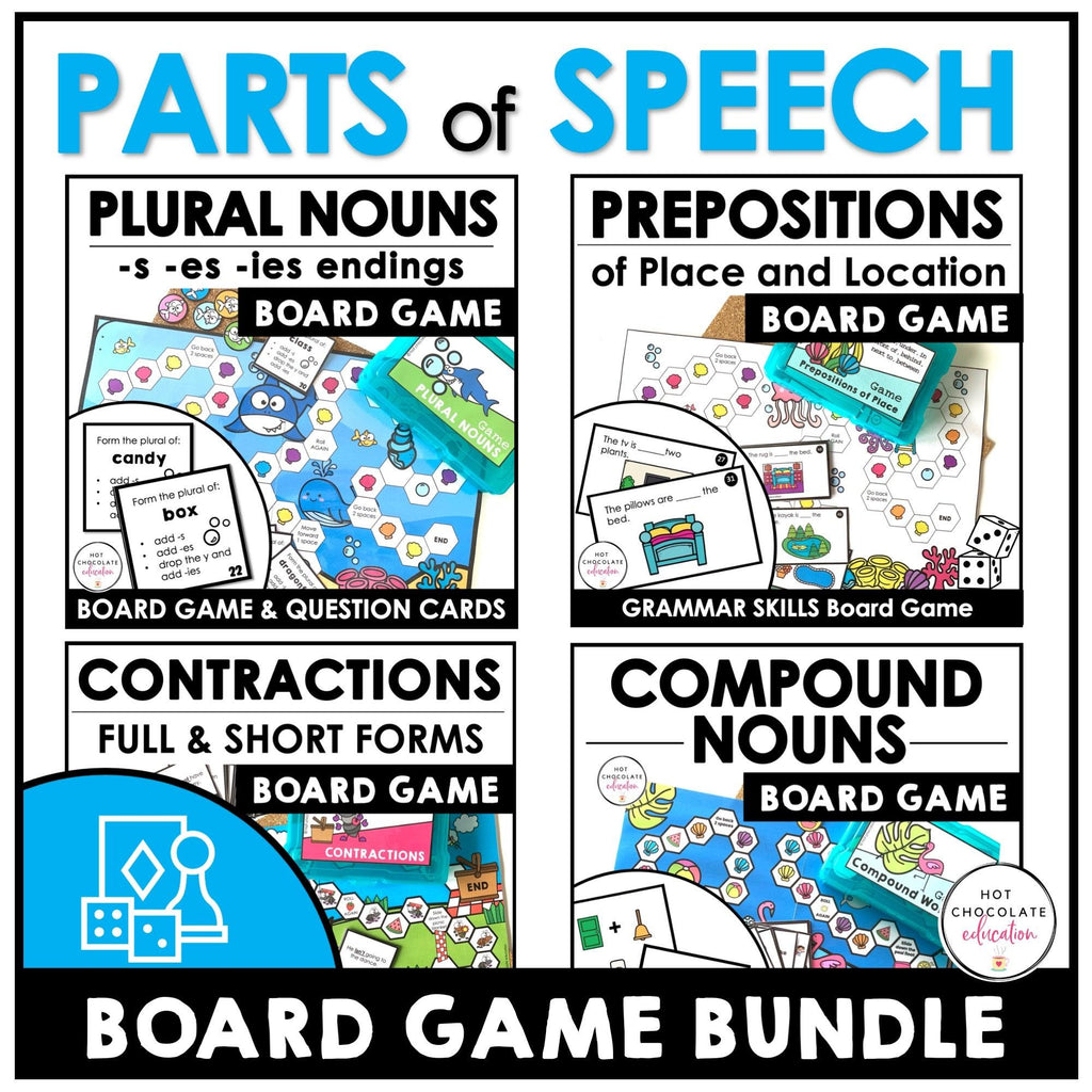 ESL Grammar Board Game Bundle - Parts of Speech - Verbs - Questions & Sentences - Hot Chocolate Teachables