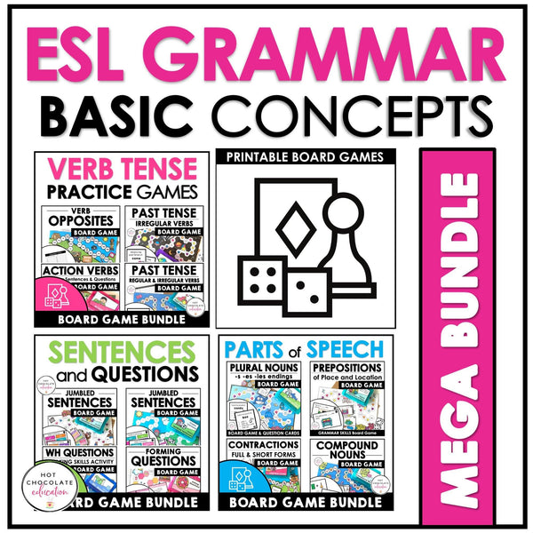 ESL Grammar Board Game Bundle - Parts of Speech - Verbs - Questions & Sentences - Hot Chocolate Teachables