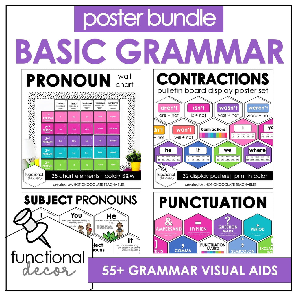 ESL Grammar Posters : Contractions, Pronouns, Punctuation Wall Chart - Hot Chocolate Teachables