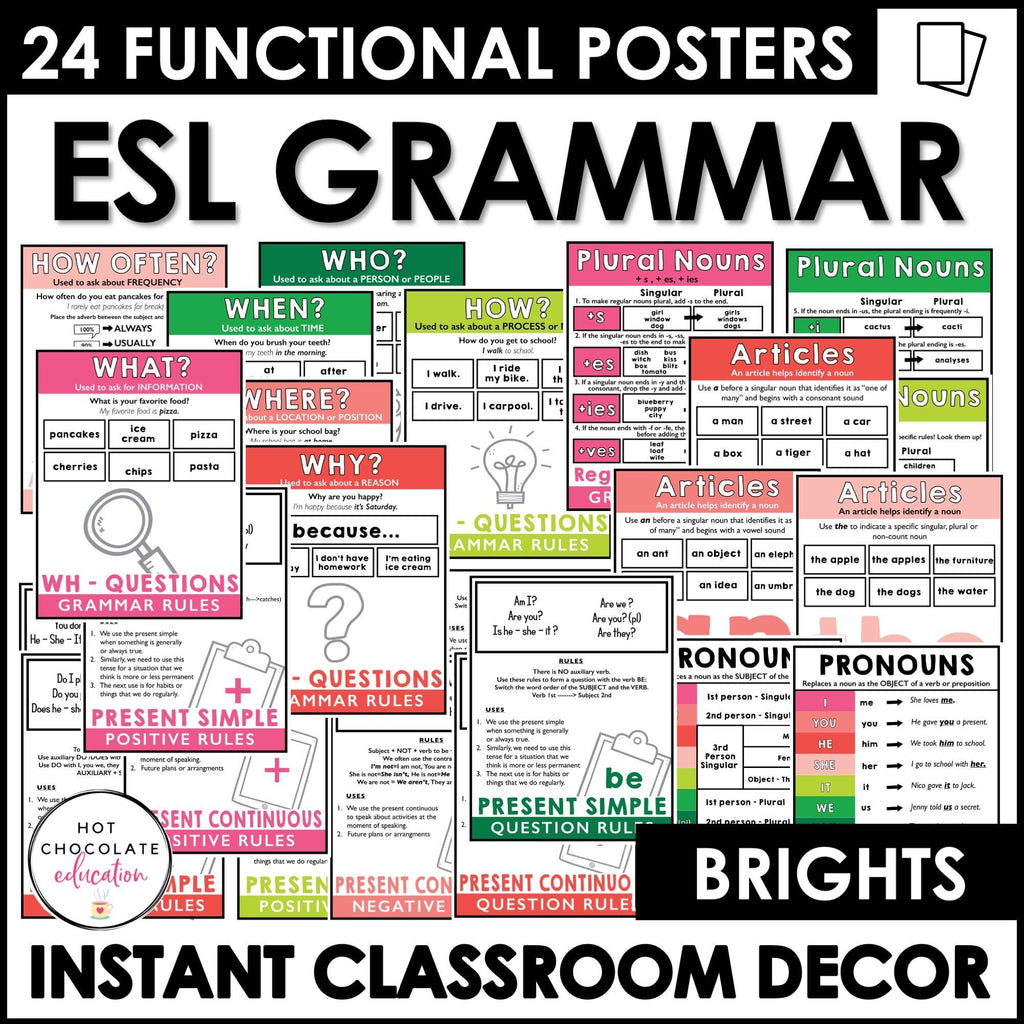ESL Grammar Posters: Functional Classroom Printables - BRIGHTS - Hot Chocolate Teachables