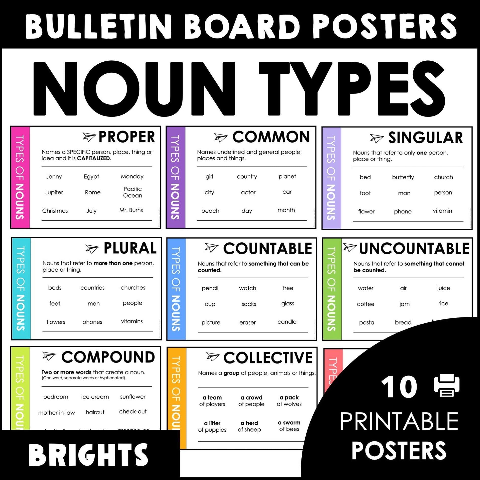 ESL Grammar Posters: Nouns - Noun Types Bulletin Board (Brights) - Hot Chocolate Teachables