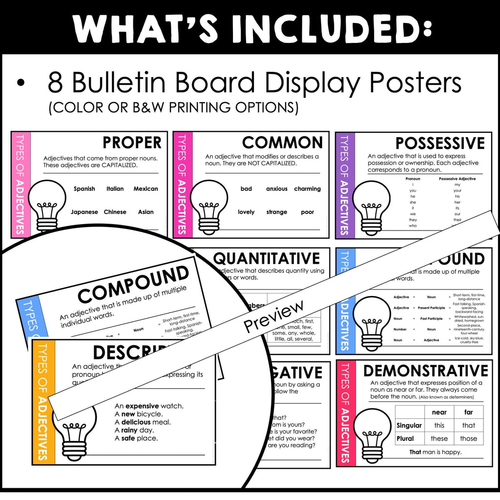 ESL Grammar Posters: Types of Adjectives Bulletin Board (Brights) - Hot Chocolate Teachables