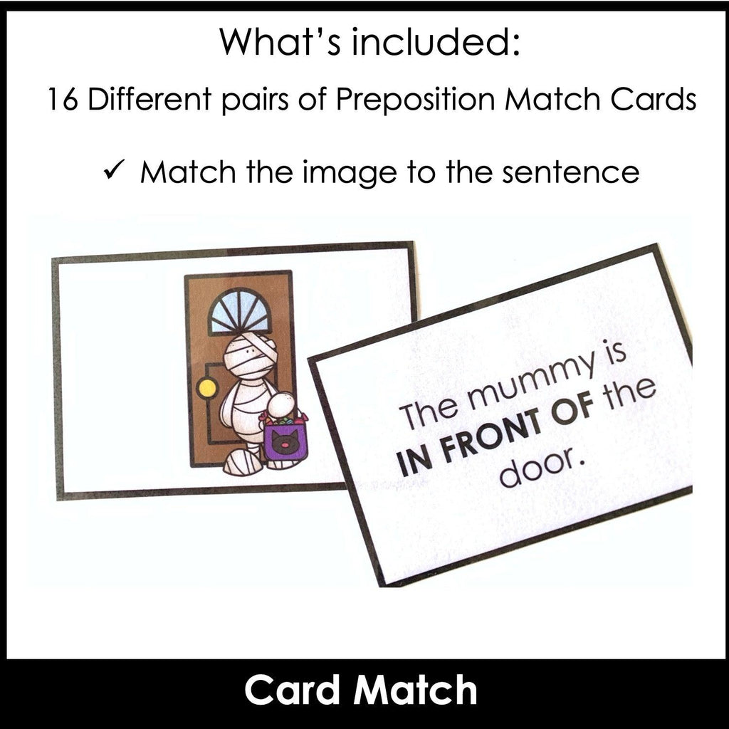 ESL Halloween Prepositions of Place Card Match Activity & Placement Game - Hot Chocolate Teachables