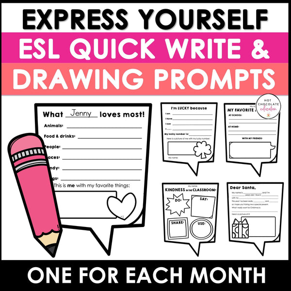 ESL Monthly Writing & Drawing Prompts - Bulletin Board | Notebook Inserts - Hot Chocolate Teachables