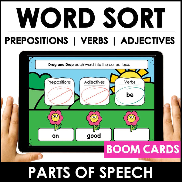 ESL Parts of Speech Word Sort | Verbs, Adjectives & Prepositions Boom Cards - Hot Chocolate Teachables