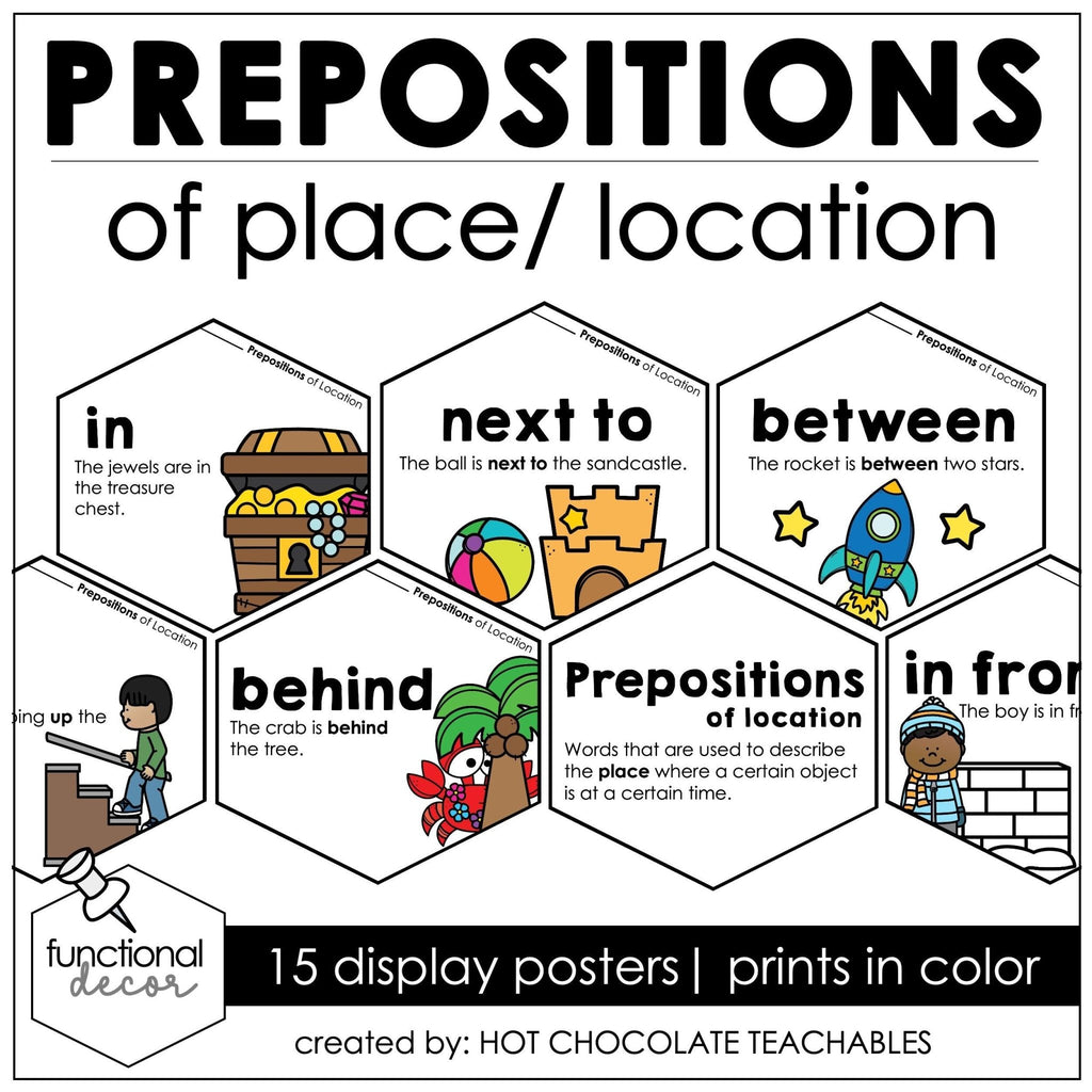 ESL Prepositions of Place / Location Posters Bulletin Board Display - Word Wall - Hot Chocolate Teachables