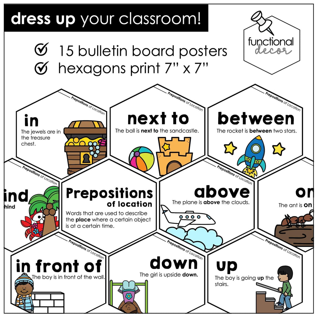 ESL Prepositions of Place / Location Posters Bulletin Board Display - Word Wall - Hot Chocolate Teachables