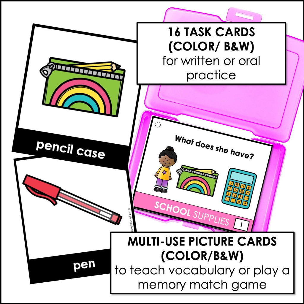 ESL School Supply Vocabulary Helpers - Picture Dictionary - Worksheets - Posters - Hot Chocolate Teachables