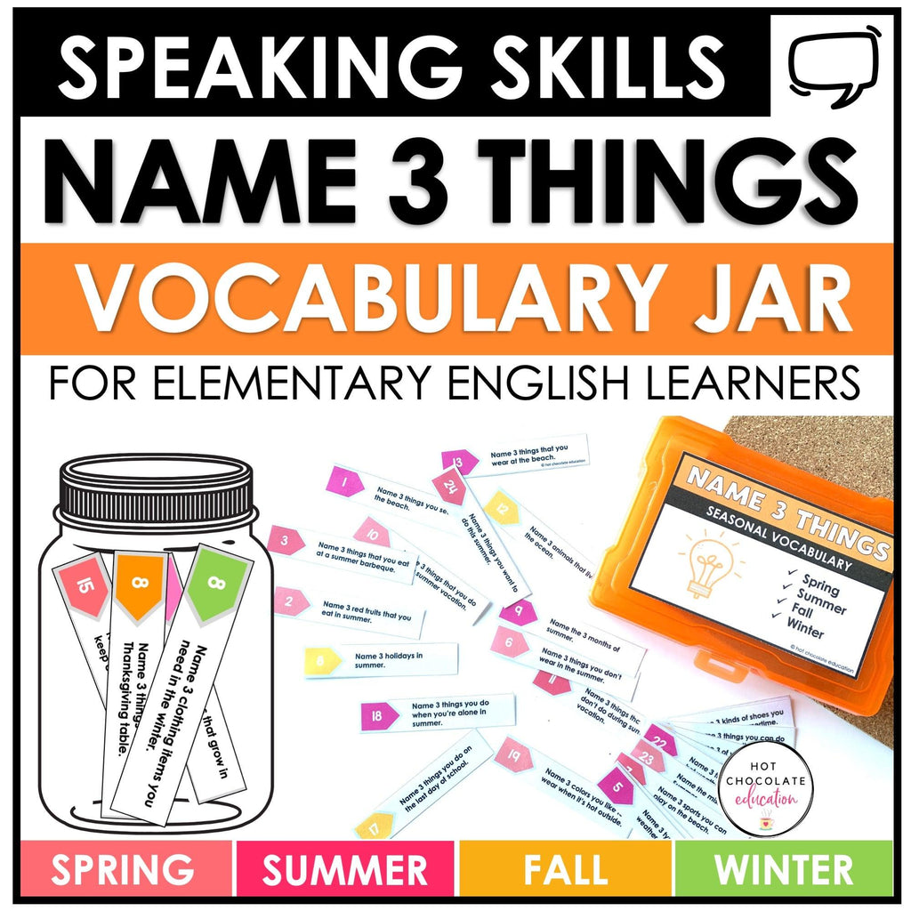 ESL Vocabulary Activity for Kids | Name 3: Spring, Summer, Fall, Winter - Hot Chocolate Teachables