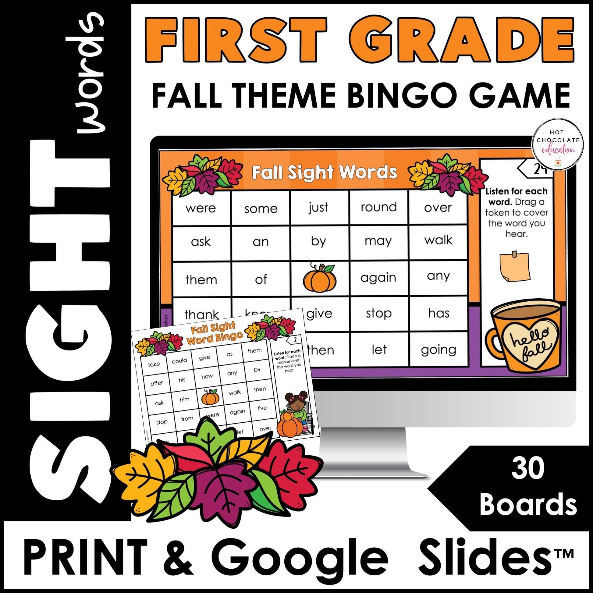 FALL 1st Grade Sight Words Bingo - Print & Digital Google Sides™ included - Hot Chocolate Teachables