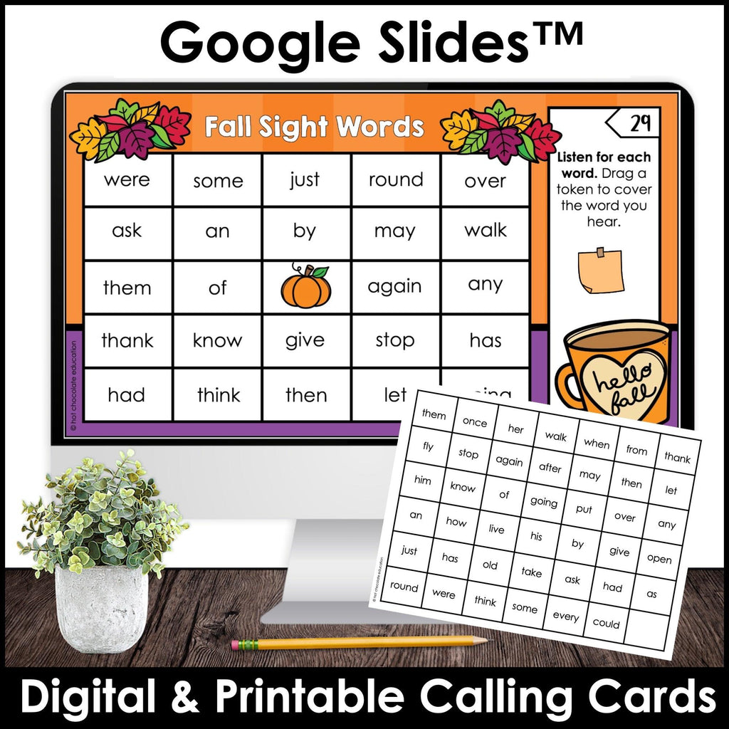 FALL 1st Grade Sight Words Bingo - Print & Digital Google Sides™ included - Hot Chocolate Teachables