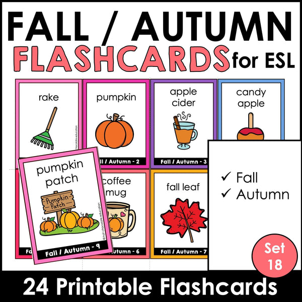 Fall / Autumn Vocabulary Flashcards : ESL task cards - Flash Cards - Hot Chocolate Teachables