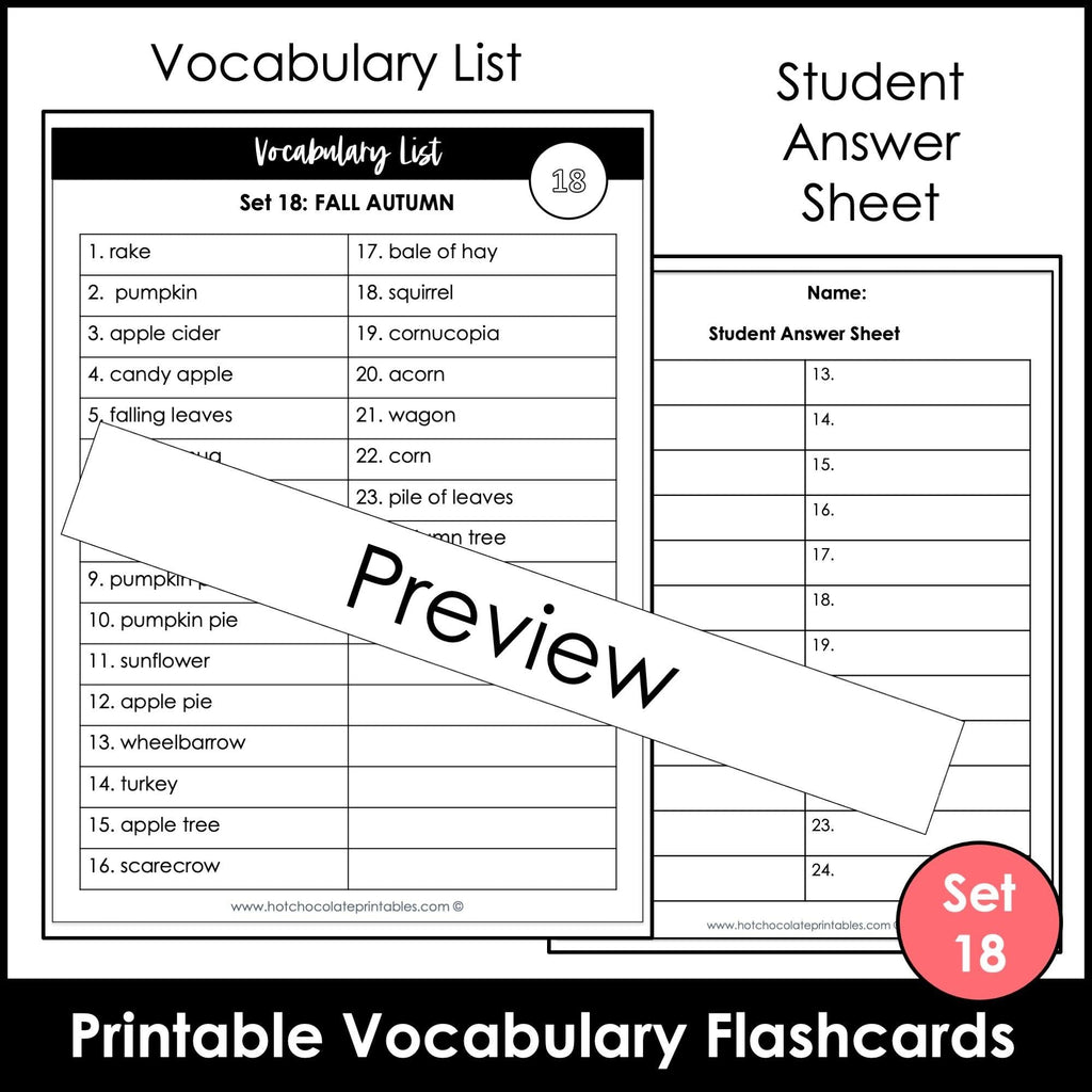 Fall / Autumn Vocabulary Flashcards : ESL task cards - Flash Cards - Hot Chocolate Teachables