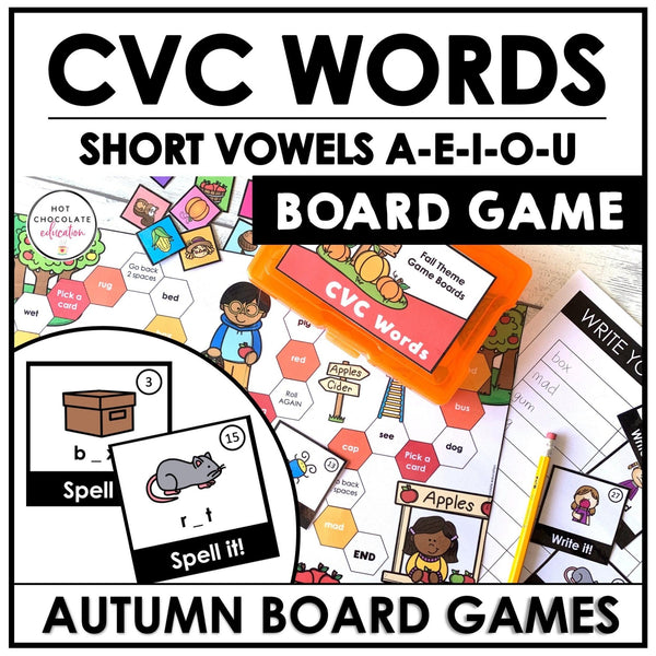 Fall CVC WORD FLUENCY Roll & Read Board Games : Short A - E - I - O - U - Hot Chocolate Teachables