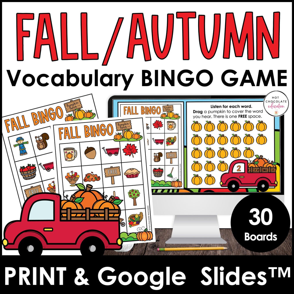 Fall Theme Vocabulary Bingo Game - Print & Digital BUNDLE - Hot Chocolate Teachables